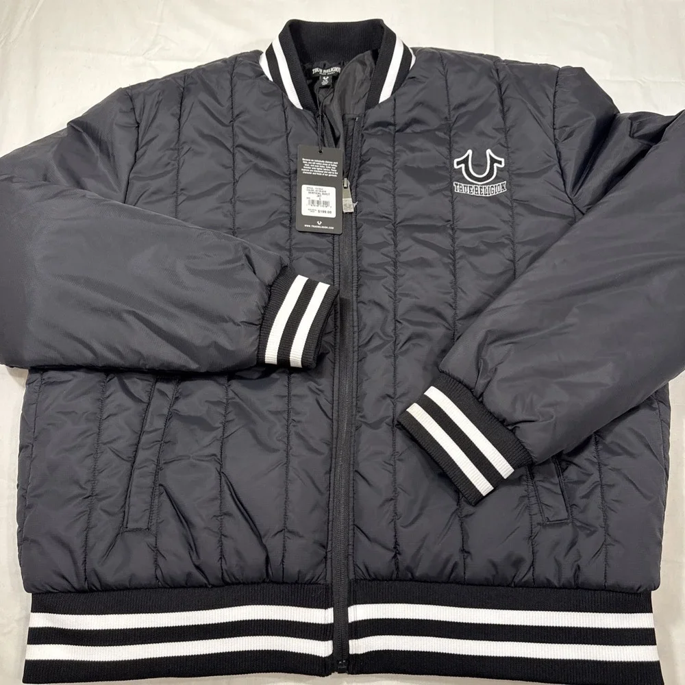 JACKET PUFFER True Religion MENS LRG BOMBER QUILTED COAT WHT TRIM NWT 107823